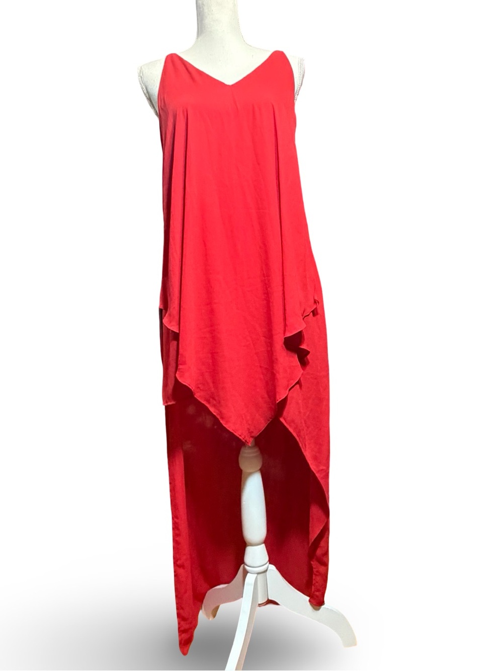 One One Six Red Asymmetrical High-Low Tiered Maxi Dress, S
